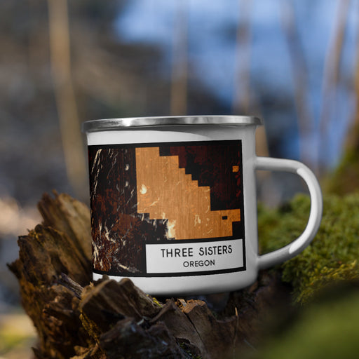 Right View Custom Three Sisters Oregon Map Enamel Mug in Ember on Grass With Trees in Background