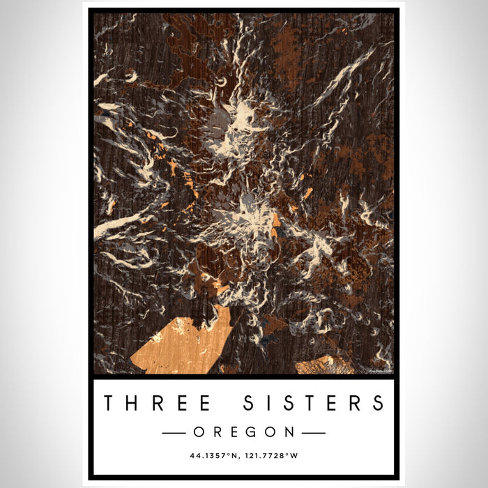 Three Sisters Oregon Map Print Portrait Orientation in Ember Style With Shaded Background