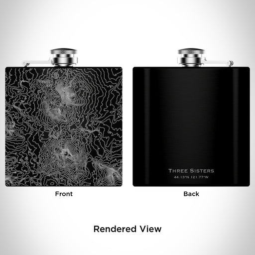 Rendered View of Three Sisters Oregon Map Engraving on 6oz Stainless Steel Flask in Black