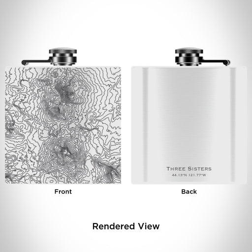 Rendered View of Three Sisters Oregon Map Engraving on 6oz Stainless Steel Flask in White