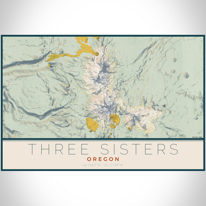 Three Sisters Oregon Map Print Landscape Orientation in Woodblock Style With Shaded Background