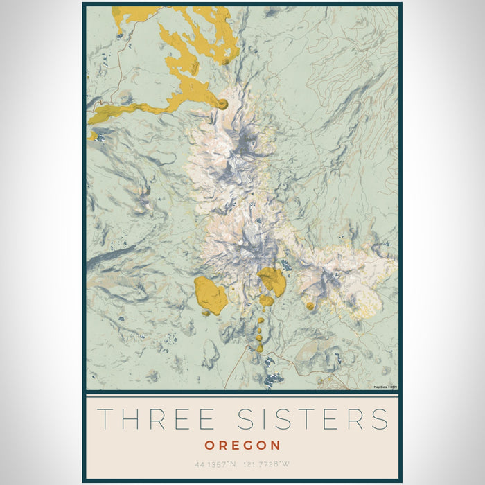Three Sisters Oregon Map Print Portrait Orientation in Woodblock Style With Shaded Background