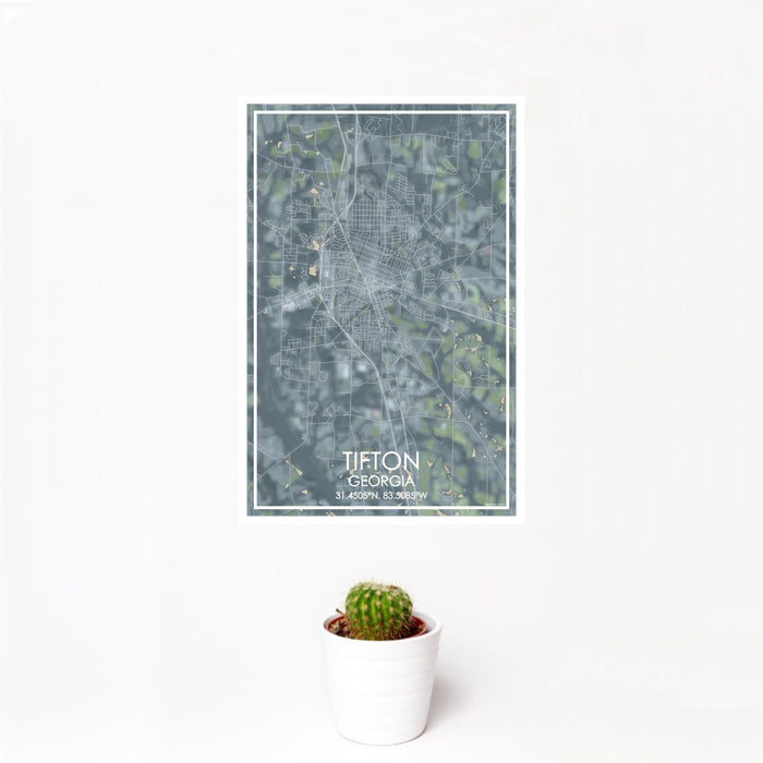 12x18 Tifton Georgia Map Print Portrait Orientation in Afternoon Style With Small Cactus Plant in White Planter