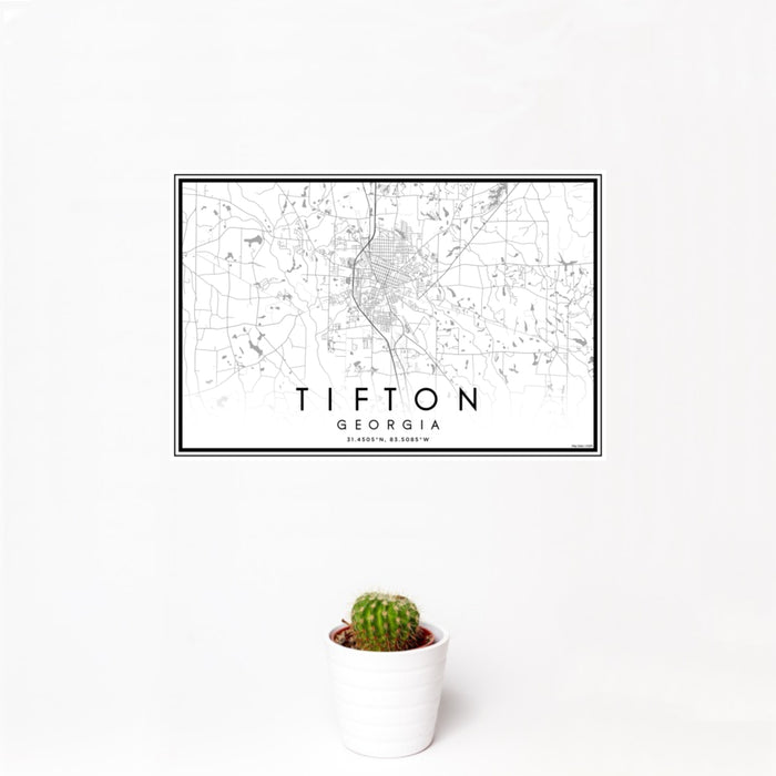 12x18 Tifton Georgia Map Print Landscape Orientation in Classic Style With Small Cactus Plant in White Planter