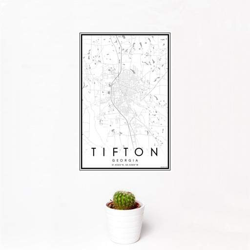 12x18 Tifton Georgia Map Print Portrait Orientation in Classic Style With Small Cactus Plant in White Planter