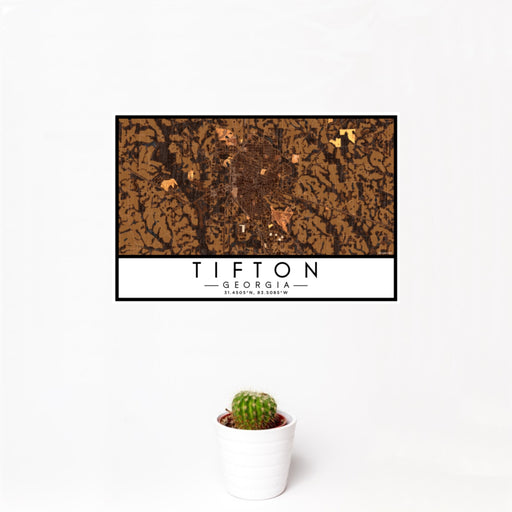 12x18 Tifton Georgia Map Print Landscape Orientation in Ember Style With Small Cactus Plant in White Planter