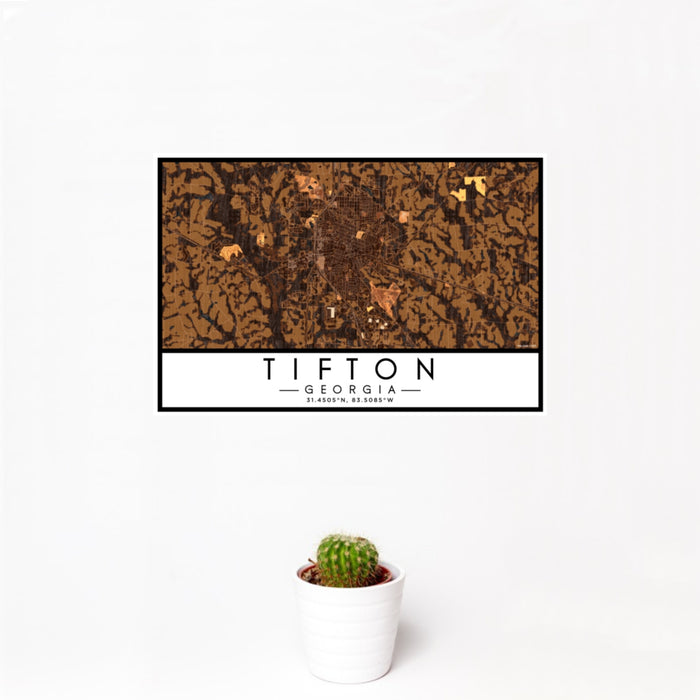 12x18 Tifton Georgia Map Print Landscape Orientation in Ember Style With Small Cactus Plant in White Planter