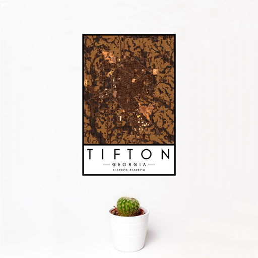 12x18 Tifton Georgia Map Print Portrait Orientation in Ember Style With Small Cactus Plant in White Planter