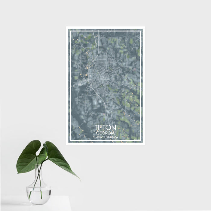 16x24 Tifton Georgia Map Print Portrait Orientation in Afternoon Style With Tropical Plant Leaves in Water
