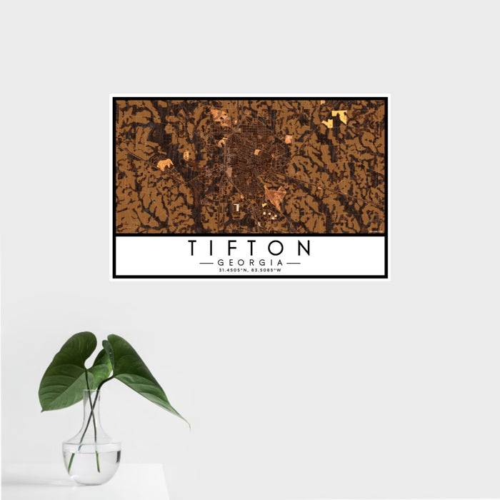 16x24 Tifton Georgia Map Print Landscape Orientation in Ember Style With Tropical Plant Leaves in Water
