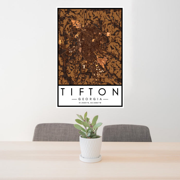 24x36 Tifton Georgia Map Print Portrait Orientation in Ember Style Behind 2 Chairs Table and Potted Plant