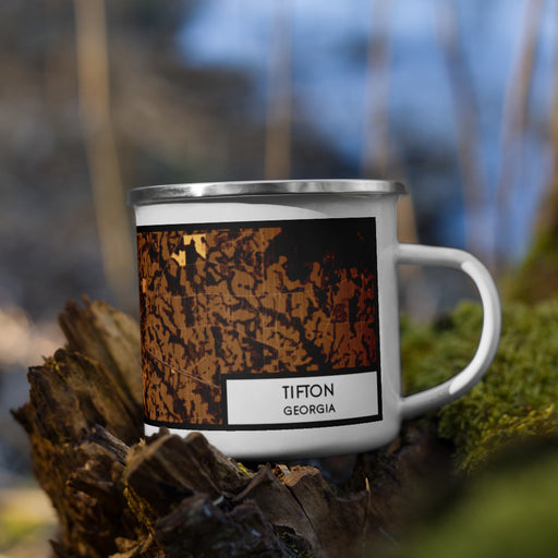 Right View Custom Tifton Georgia Map Enamel Mug in Ember on Grass With Trees in Background