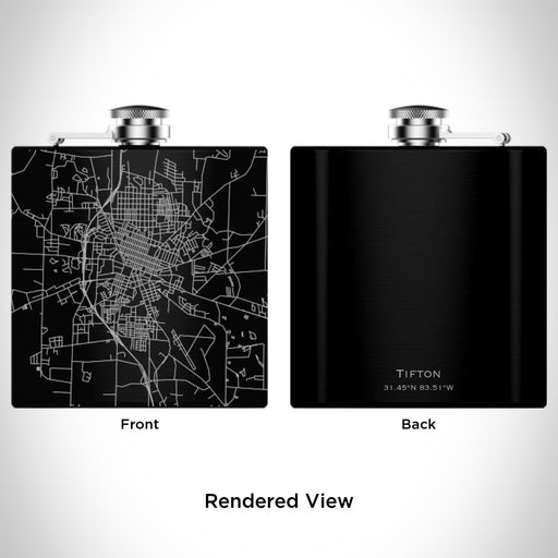 Rendered View of Tifton Georgia Map Engraving on 6oz Stainless Steel Flask in Black