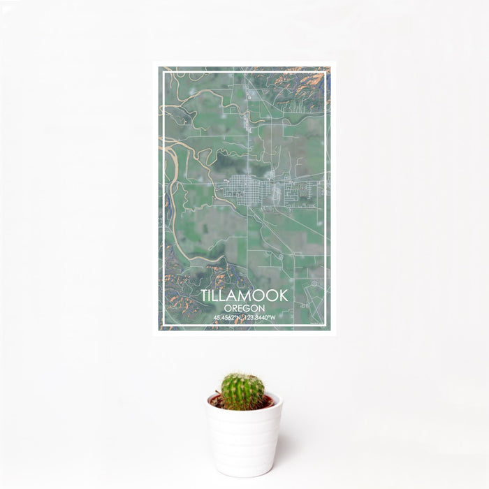 12x18 Tillamook Oregon Map Print Portrait Orientation in Afternoon Style With Small Cactus Plant in White Planter