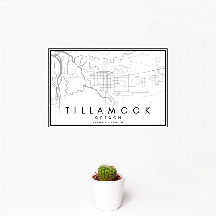 12x18 Tillamook Oregon Map Print Landscape Orientation in Classic Style With Small Cactus Plant in White Planter
