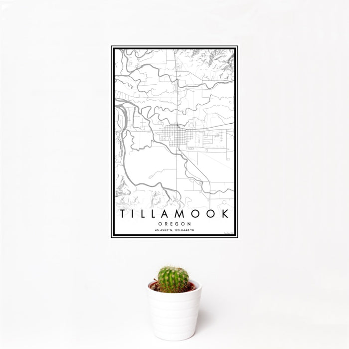 12x18 Tillamook Oregon Map Print Portrait Orientation in Classic Style With Small Cactus Plant in White Planter