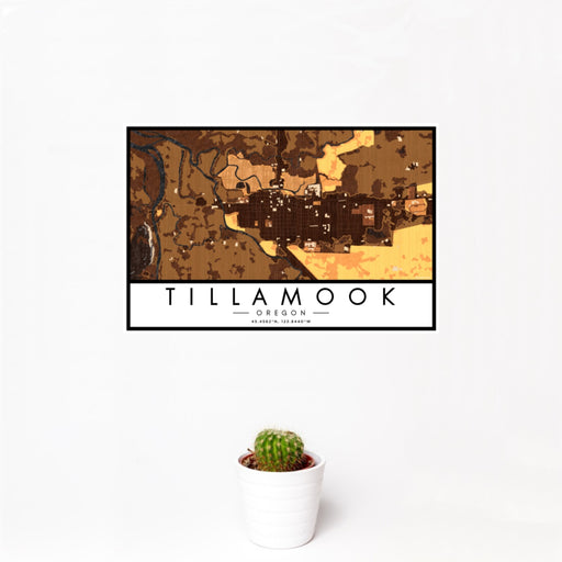 12x18 Tillamook Oregon Map Print Landscape Orientation in Ember Style With Small Cactus Plant in White Planter