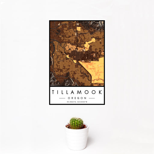 12x18 Tillamook Oregon Map Print Portrait Orientation in Ember Style With Small Cactus Plant in White Planter