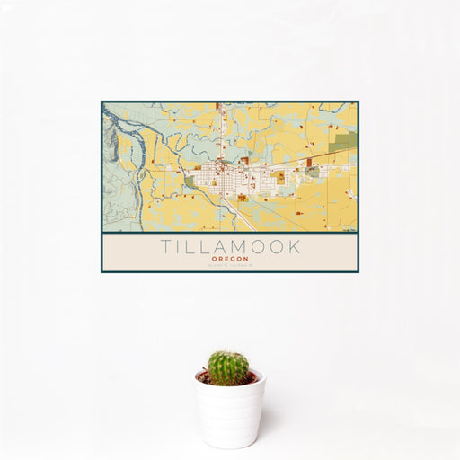 12x18 Tillamook Oregon Map Print Landscape Orientation in Woodblock Style With Small Cactus Plant in White Planter