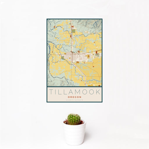 12x18 Tillamook Oregon Map Print Portrait Orientation in Woodblock Style With Small Cactus Plant in White Planter