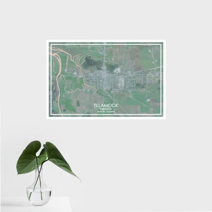 16x24 Tillamook Oregon Map Print Landscape Orientation in Afternoon Style With Tropical Plant Leaves in Water