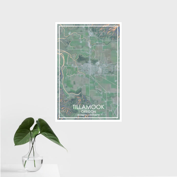 16x24 Tillamook Oregon Map Print Portrait Orientation in Afternoon Style With Tropical Plant Leaves in Water