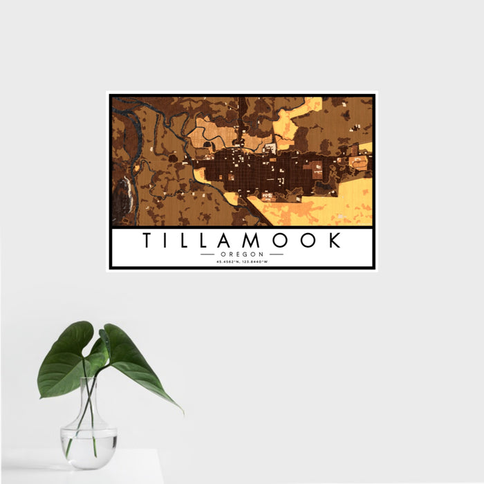 16x24 Tillamook Oregon Map Print Landscape Orientation in Ember Style With Tropical Plant Leaves in Water
