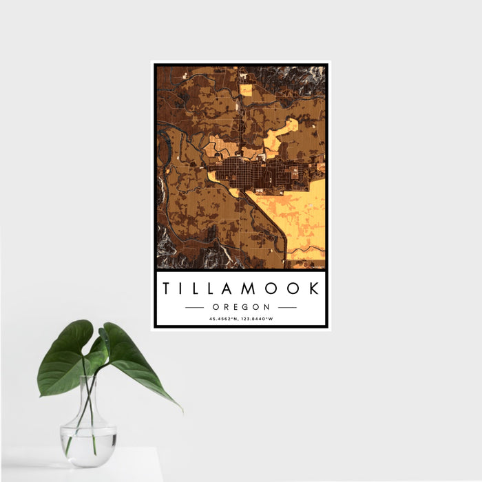 16x24 Tillamook Oregon Map Print Portrait Orientation in Ember Style With Tropical Plant Leaves in Water