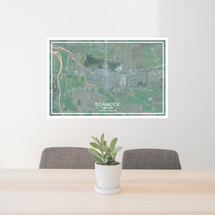 24x36 Tillamook Oregon Map Print Lanscape Orientation in Afternoon Style Behind 2 Chairs Table and Potted Plant