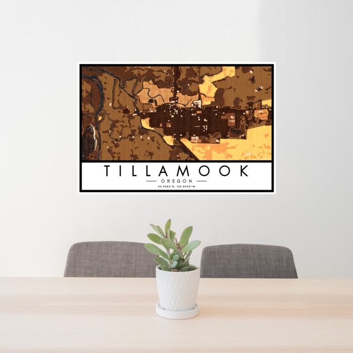 24x36 Tillamook Oregon Map Print Lanscape Orientation in Ember Style Behind 2 Chairs Table and Potted Plant