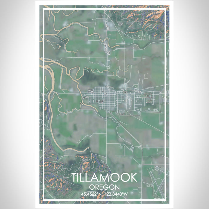 Tillamook Oregon Map Print Portrait Orientation in Afternoon Style With Shaded Background