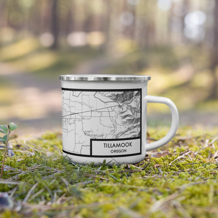 Right View Custom Tillamook Oregon Map Enamel Mug in Classic on Grass With Trees in Background