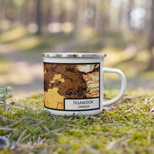 Right View Custom Tillamook Oregon Map Enamel Mug in Ember on Grass With Trees in Background