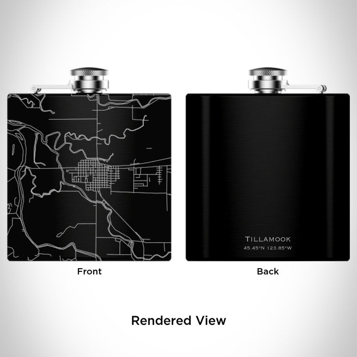 Rendered View of Tillamook Oregon Map Engraving on 6oz Stainless Steel Flask in Black