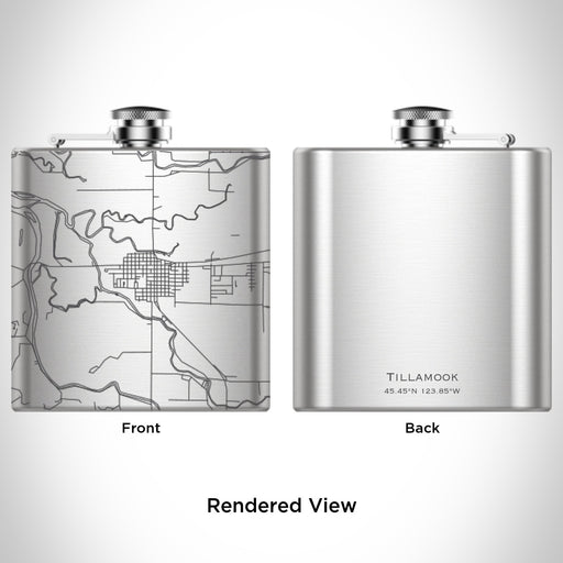 Rendered View of Tillamook Oregon Map Engraving on 6oz Stainless Steel Flask