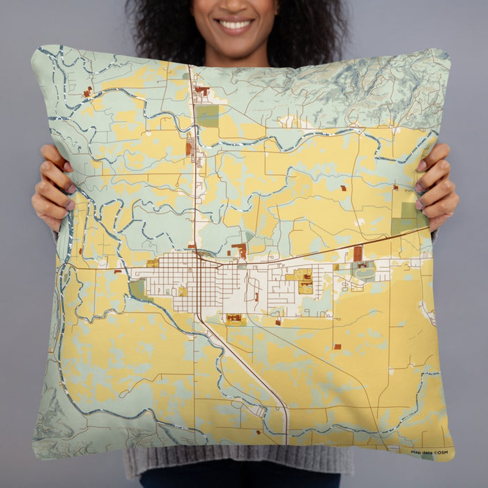 Person holding 22x22 Custom Tillamook Oregon Map Throw Pillow in Woodblock