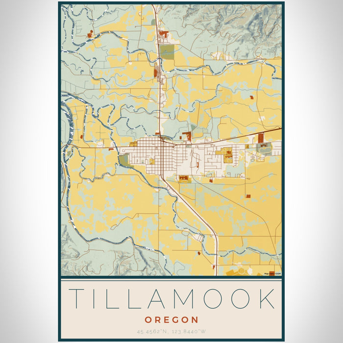 Tillamook Oregon Map Print Portrait Orientation in Woodblock Style With Shaded Background