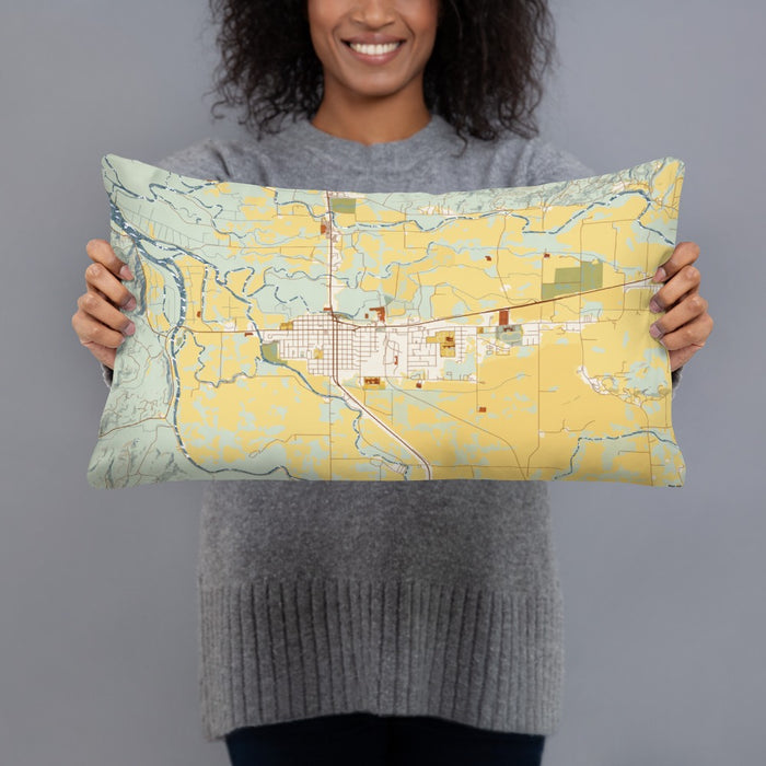 Person holding 20x12 Custom Tillamook Oregon Map Throw Pillow in Woodblock