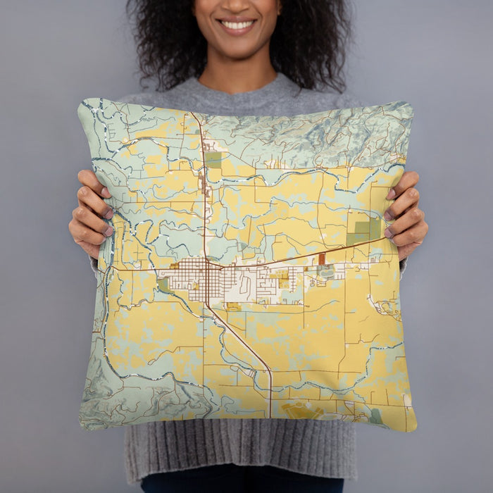 Person holding 18x18 Custom Tillamook Oregon Map Throw Pillow in Woodblock