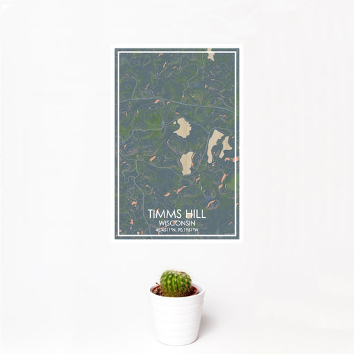 12x18 Timms Hill Wisconsin Map Print Portrait Orientation in Afternoon Style With Small Cactus Plant in White Planter