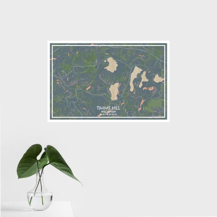 16x24 Timms Hill Wisconsin Map Print Landscape Orientation in Afternoon Style With Tropical Plant Leaves in Water