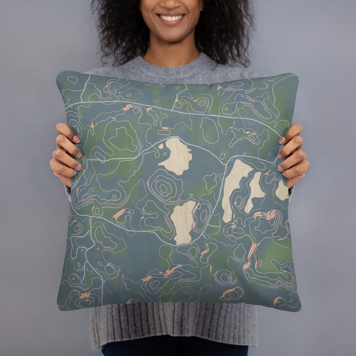 Person holding 18x18 Custom Timms Hill Wisconsin Map Throw Pillow in Afternoon