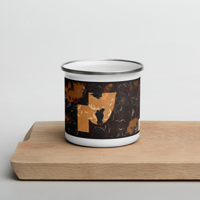 Front View Custom Timms Hill Wisconsin Map Enamel Mug in Ember on Cutting Board