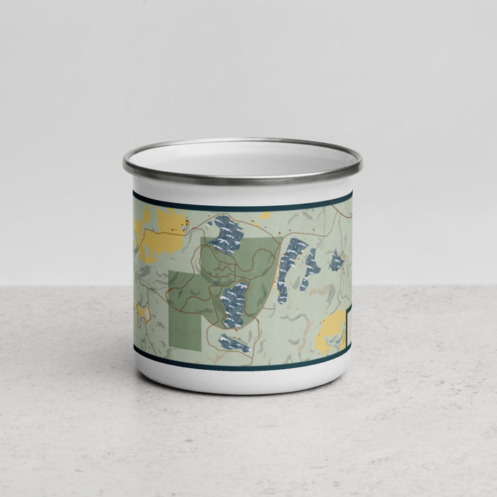 Front View Custom Timms Hill Wisconsin Map Enamel Mug in Woodblock