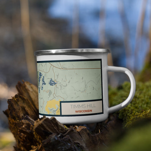 Right View Custom Timms Hill Wisconsin Map Enamel Mug in Woodblock on Grass With Trees in Background