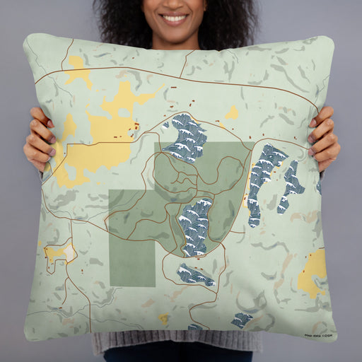 Person holding 22x22 Custom Timms Hill Wisconsin Map Throw Pillow in Woodblock