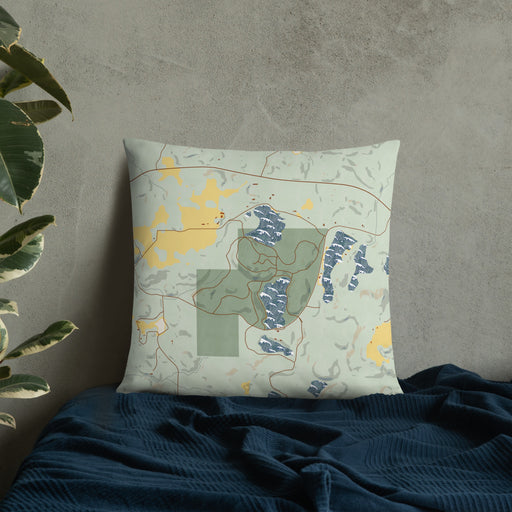 Custom Timms Hill Wisconsin Map Throw Pillow in Woodblock on Bedding Against Wall