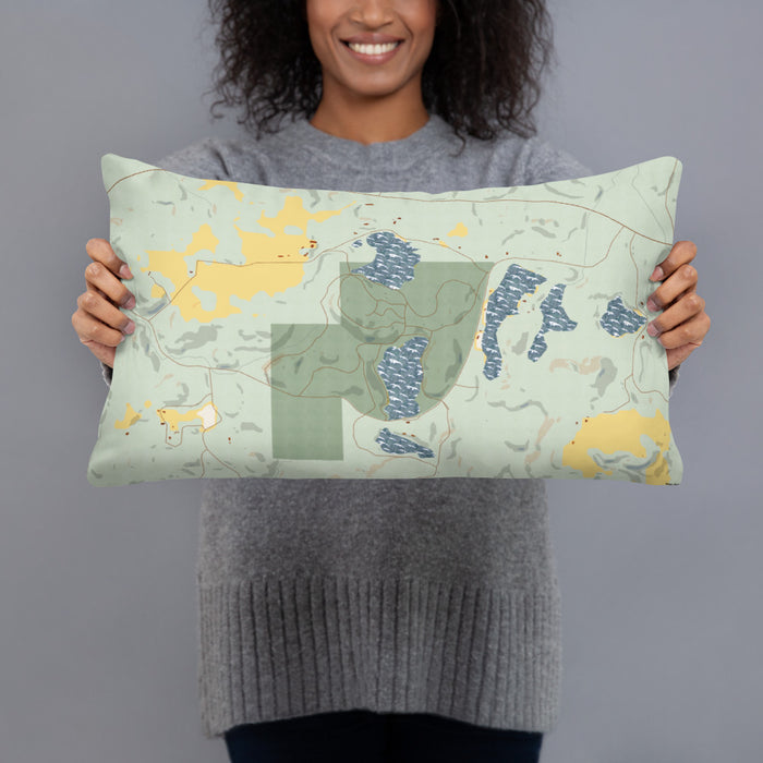 Person holding 20x12 Custom Timms Hill Wisconsin Map Throw Pillow in Woodblock