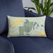Custom Timms Hill Wisconsin Map Throw Pillow in Woodblock on Blue Colored Chair