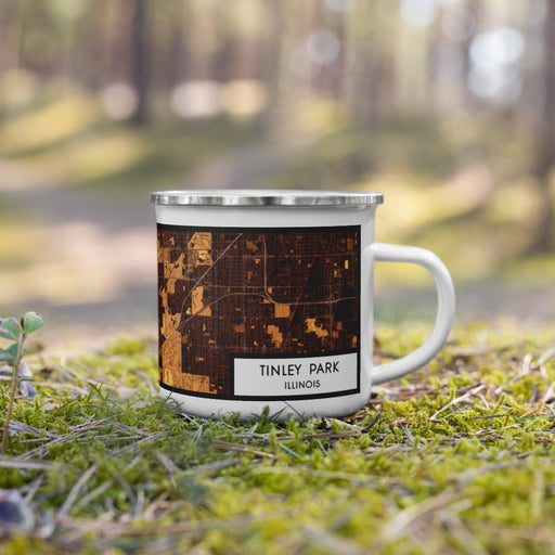 Right View Custom Tinley Park Illinois Map Enamel Mug in Ember on Grass With Trees in Background